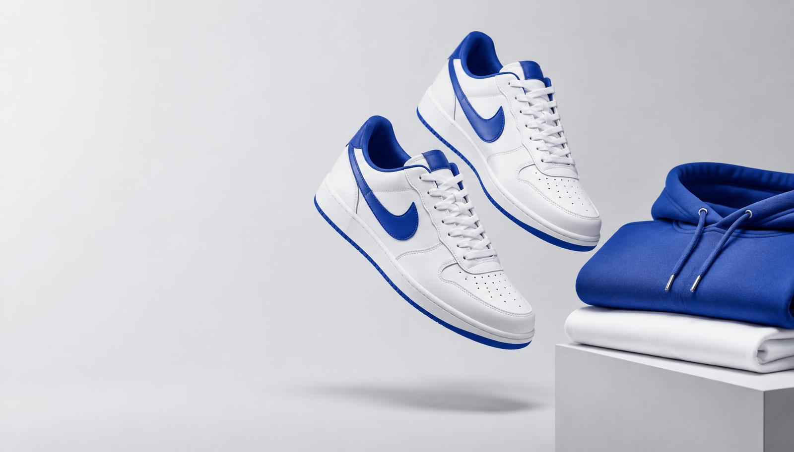 Tenis blancos con azul junto a un saco azul y una camiseta blanca